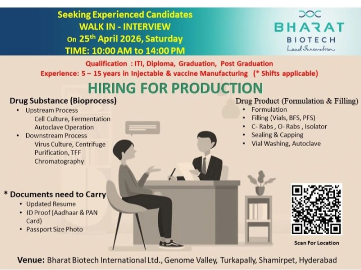 Bharat Biotech Pharma Jobs Production Walk In