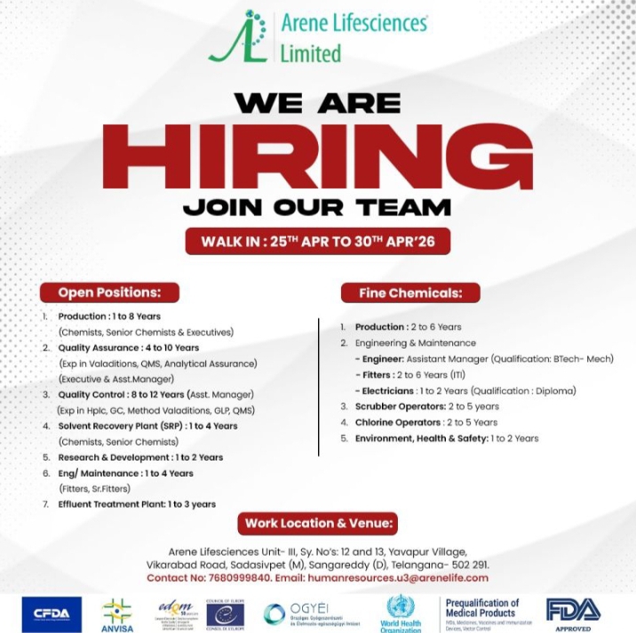 Arene Pharma QA QC Production Jobs 2026