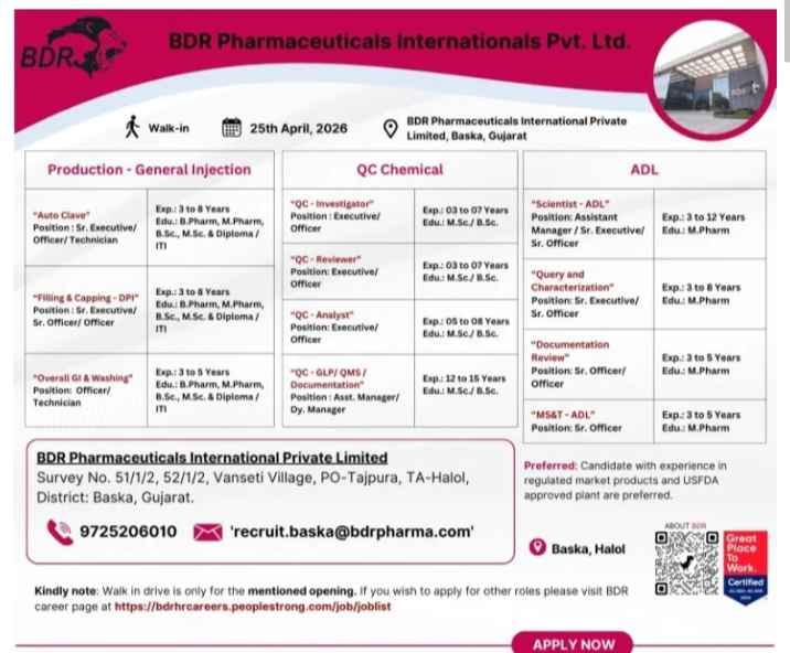 BDR Pharma Jobs Production QC ADL Walk In 2026