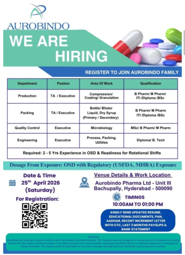Aurobindo Pharma Production QC Jobs 2026