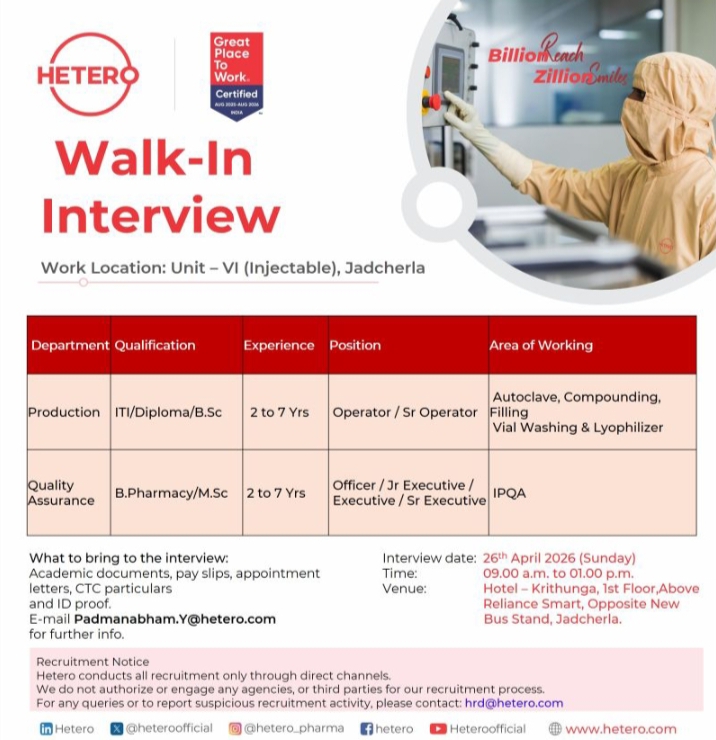 Hetero Pharma Production QA Jobs 2026