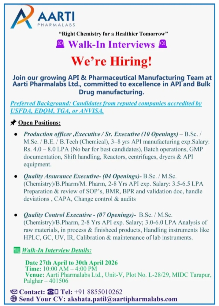 Aarti Pharma Jobs QA QC Production BPharm MSc