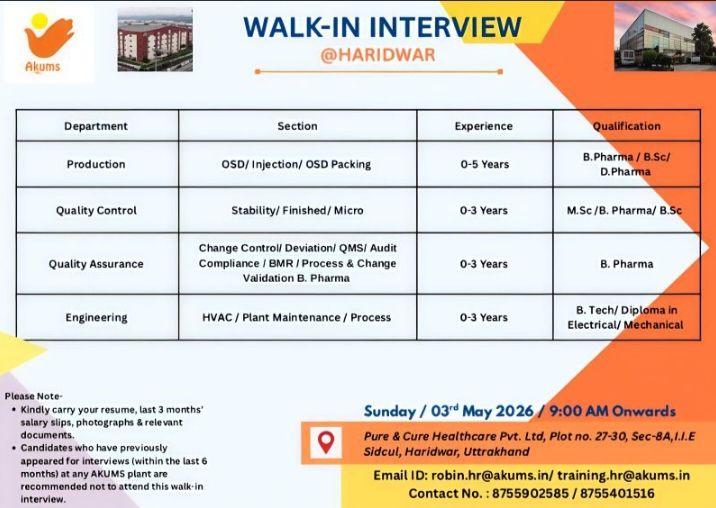 Akums Pharma Jobs QA QC Production Walk In 2026