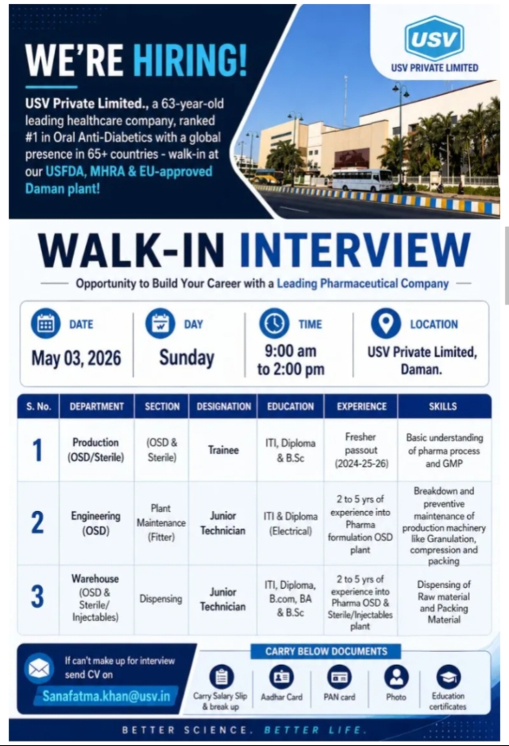 USV Pharma Jobs Walk In 2026