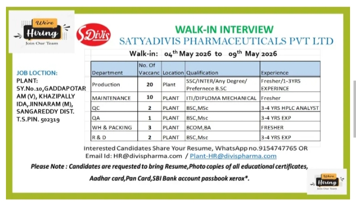 Satyadivis Pharma Production QC QA Jobs Walk In May 2026