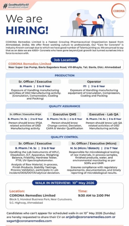 Corona Remedies Pharma Jobs QA QC Production