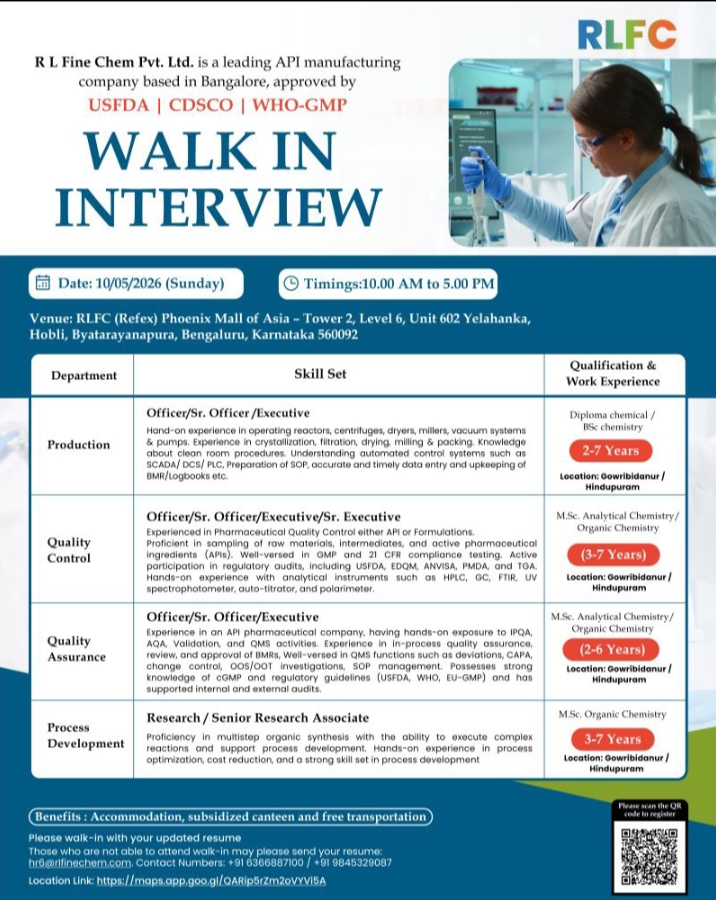 RL Fine Chem Pharma Jobs 2026