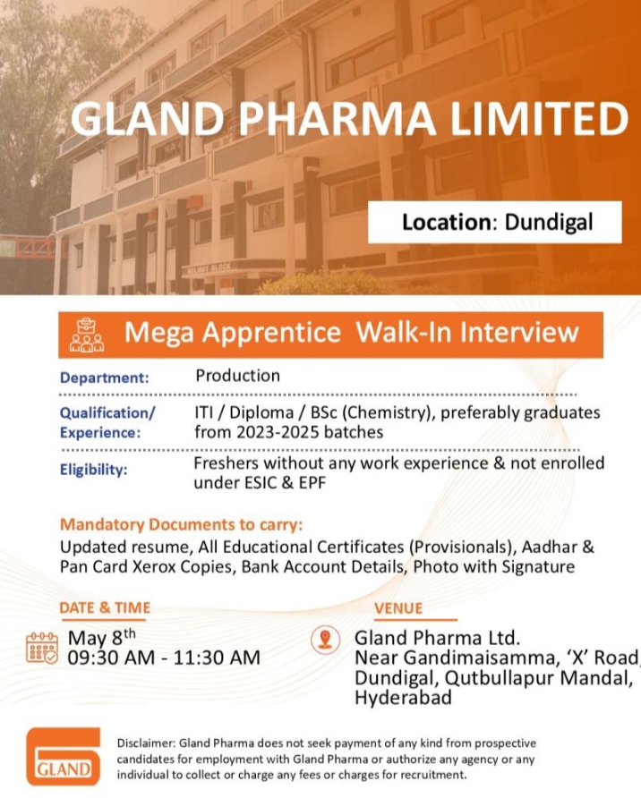 Gland Pharma Production Jobs 2026