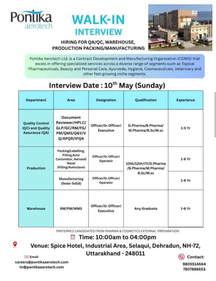 Pontika Aerotech Pharma Jobs QA QC Production Walk In