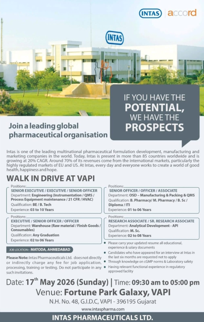 Intas Pharma Jobs Engineering QMS 2026