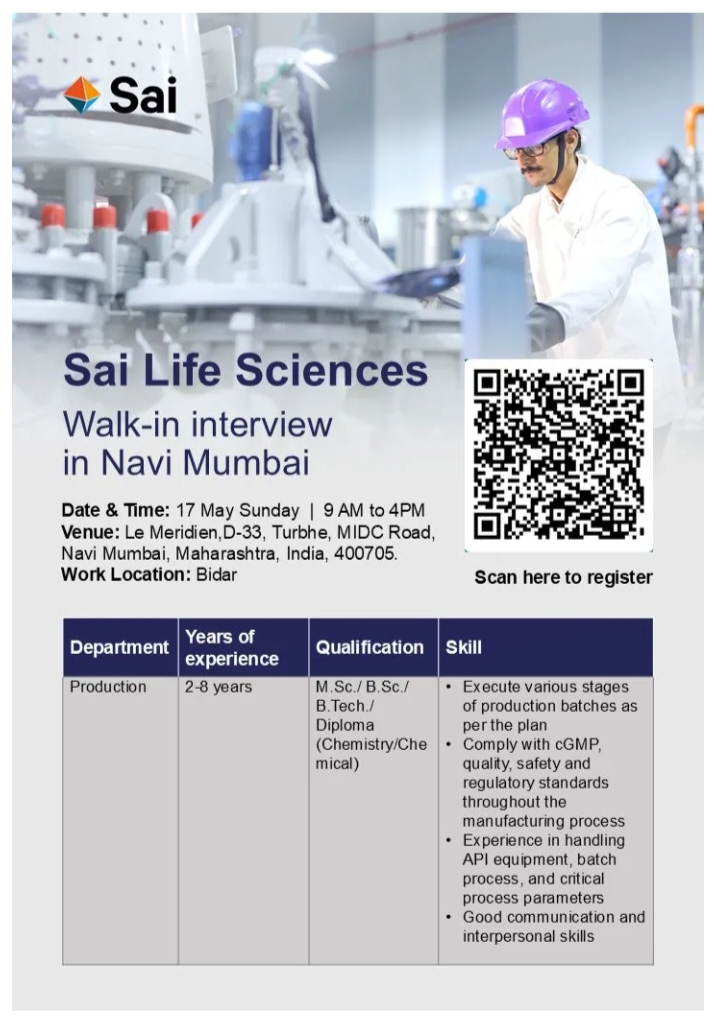 Job Opening for Sai Pharma Jobs Production BSc