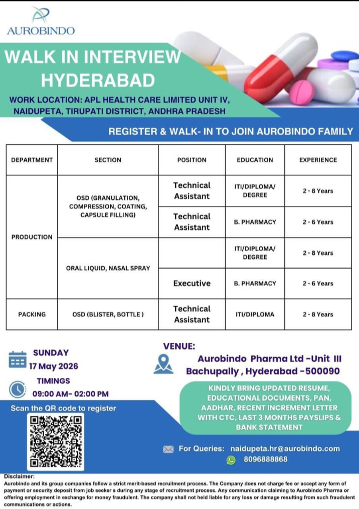 Job Opening Aurobindo Pharma Production Jobs