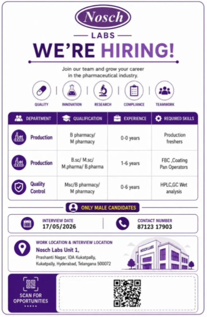 Job Opening at Nosch Labs for BPharm MSc Candidates