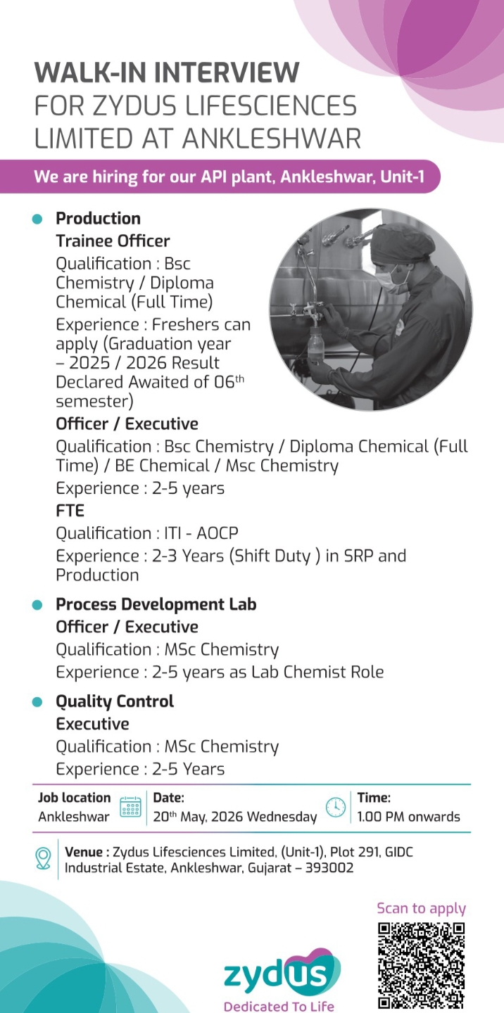 Job Opening at Zydus Pharma for BSc MSc Candidates
