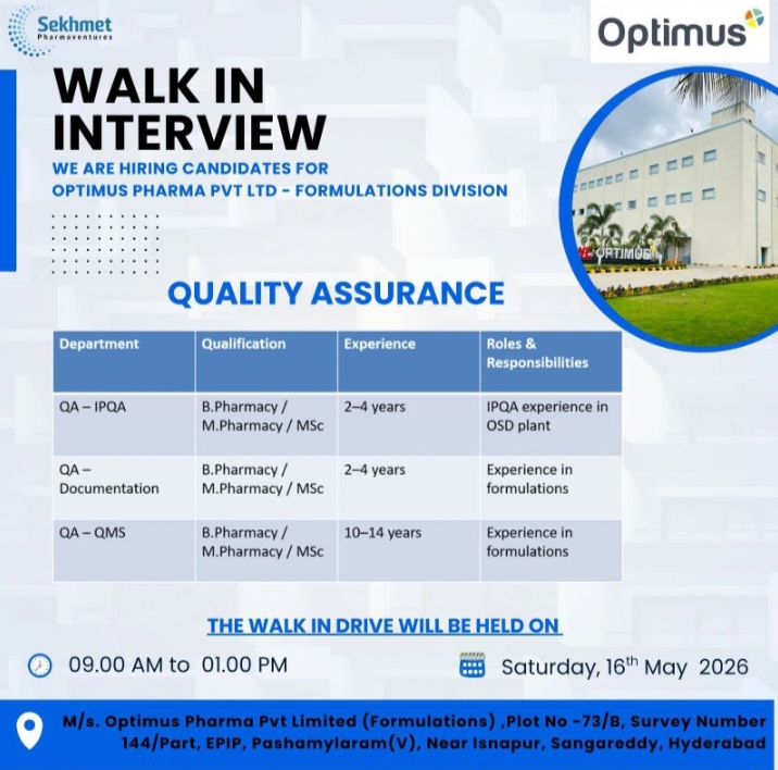 Job Opening for Optimus Pharma Jobs QA MPharm