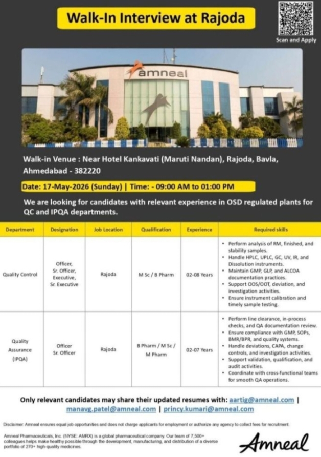 Job Opening for Amneal Pharma Jobs QC MPharm