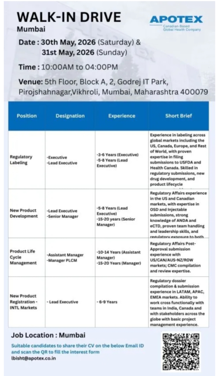 Apotex Pharma Jobs Regulatory Hiring 2026