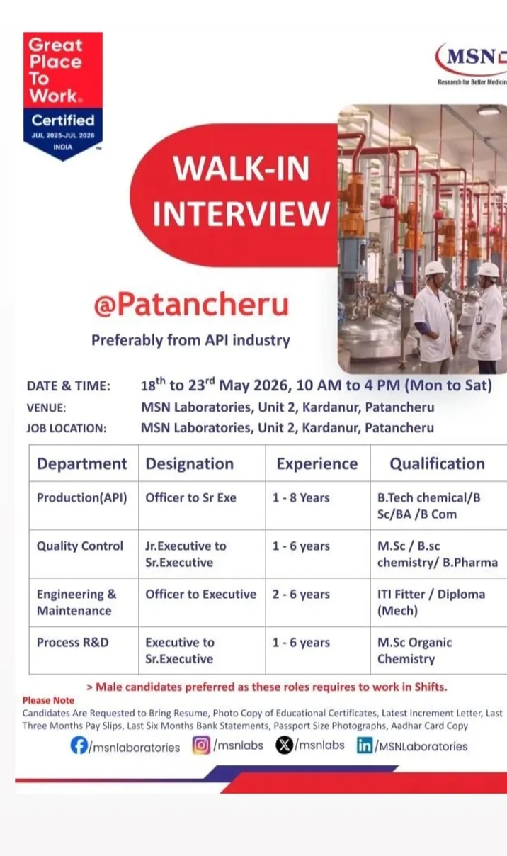 Job Opening MSN Pharma Jobs API QC BPharm