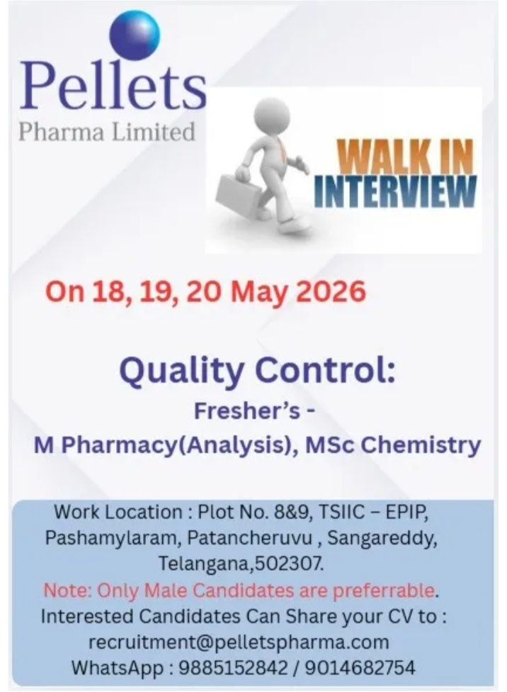 Pellets Pharma QC Fresher Jobs