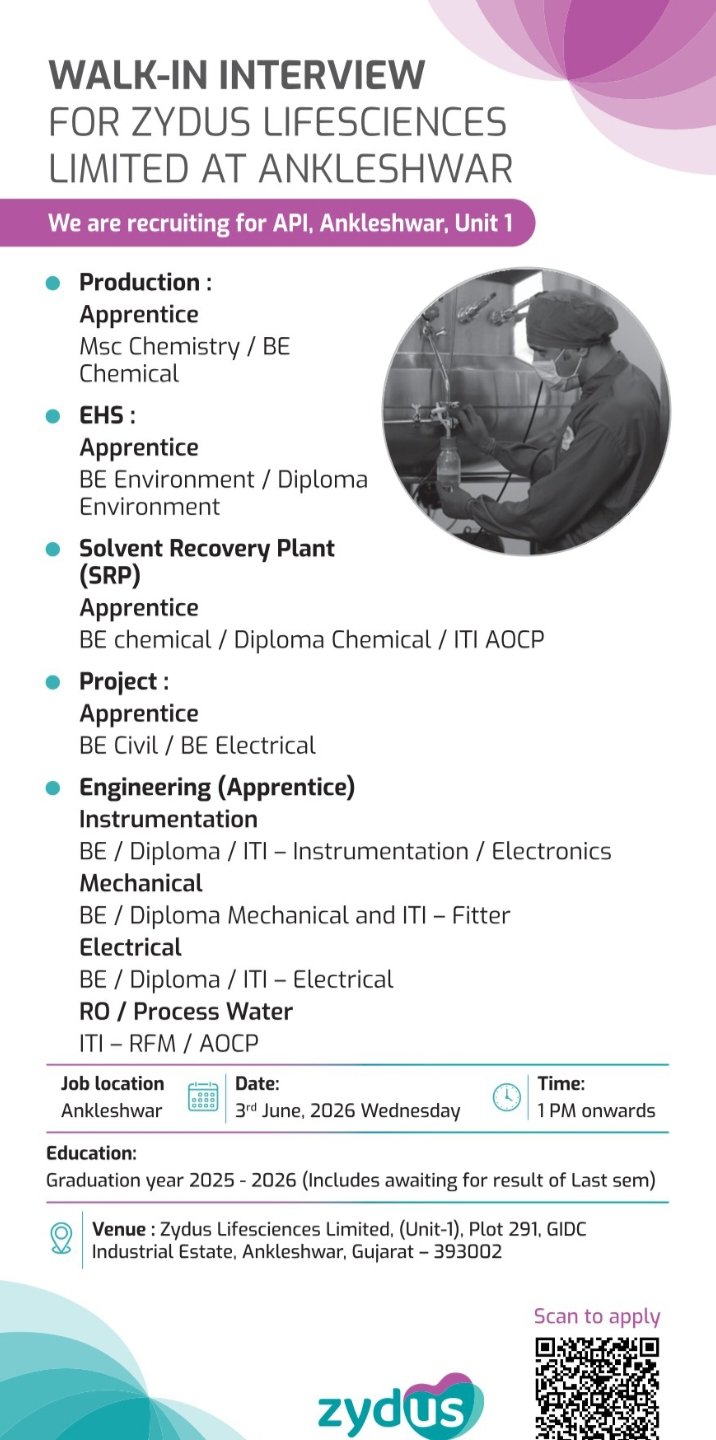 Zydus Pharma Jobs Apprentice Hiring 2026