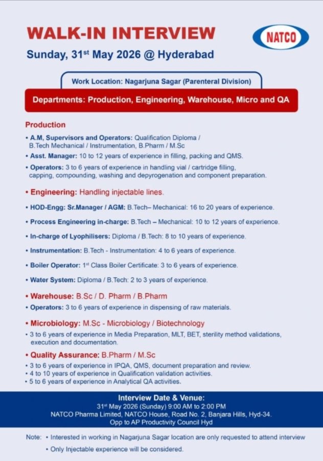 NATCO Pharma Production QA Jobs 2026