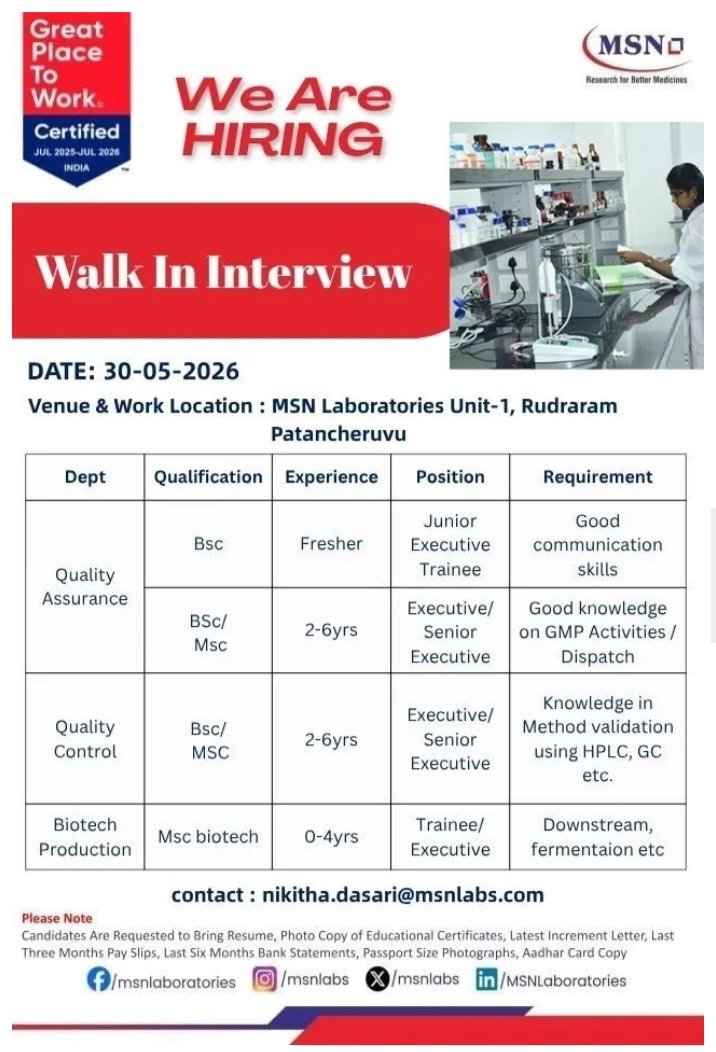 MSN Pharma Jobs QA QC Biotech 2026