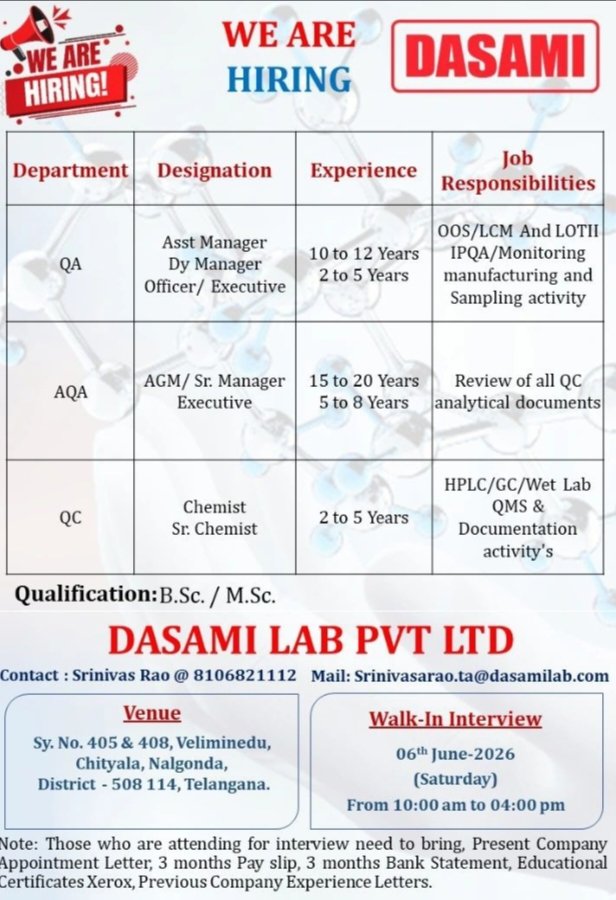 Dasami Pharma Jobs QA QC June 2026