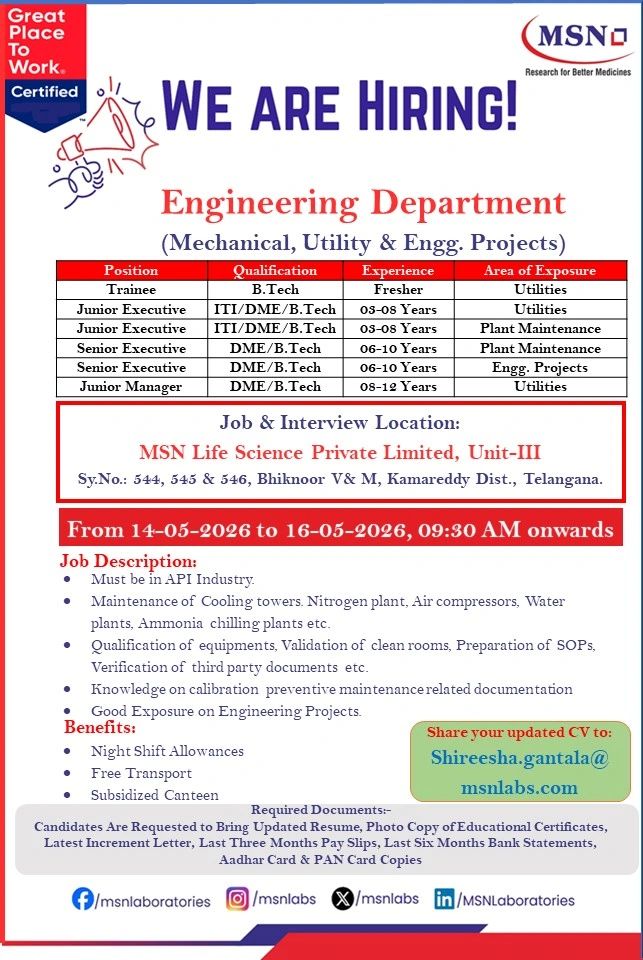 MSN Pharma Jobs R and D Engineering Walk In 2026