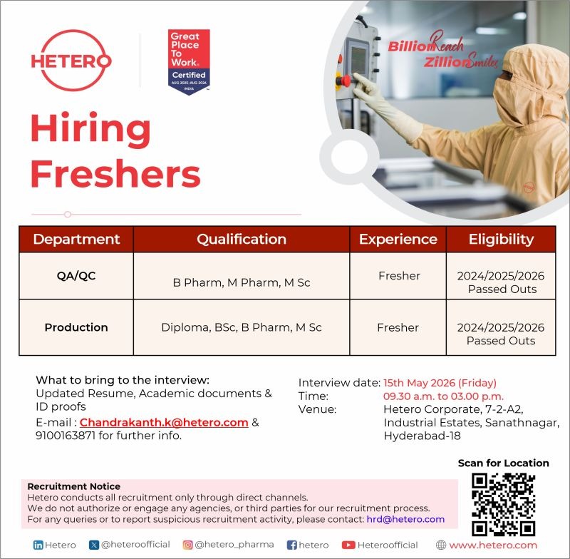 Hetero Pharma Jobs Freshers Walk In 2026
