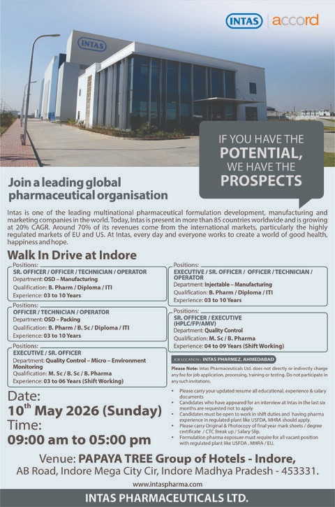 Intas Pharma Jobs Walk In 10th May 2026