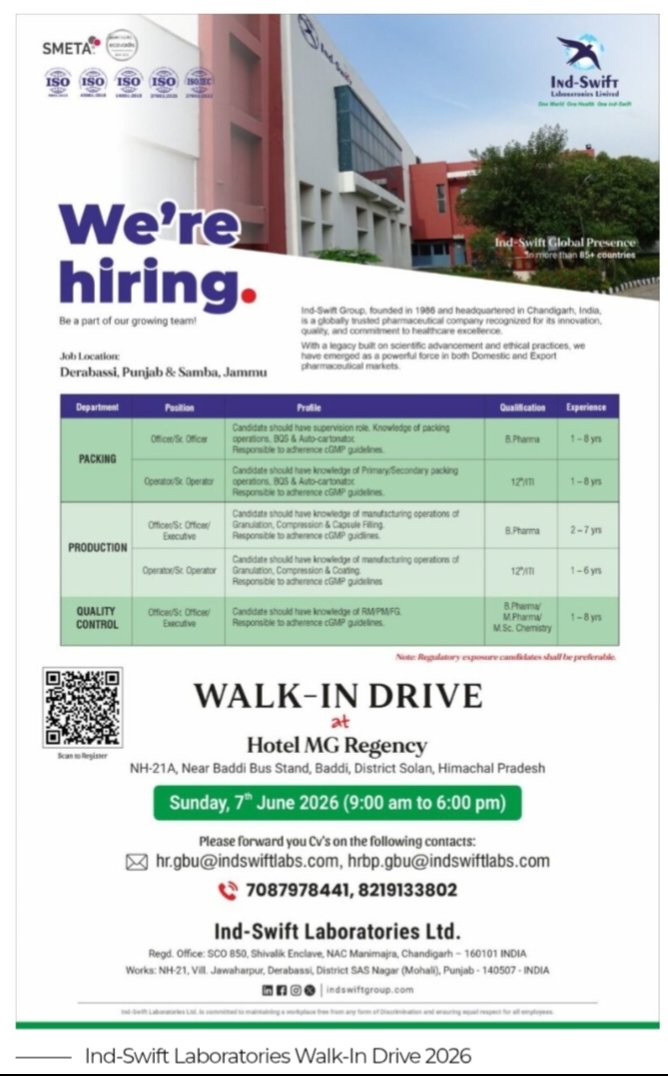 Job Opening Ind Swift Pharma Jobs Packing Production QC