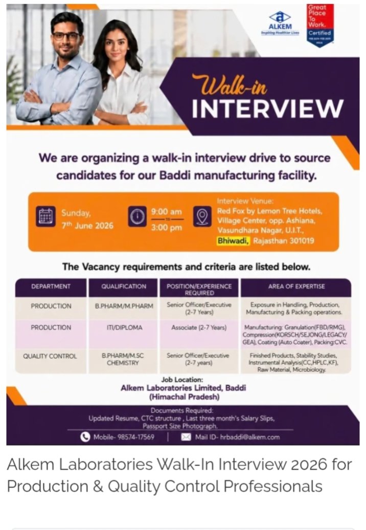 Job Opening Alkem Pharma Jobs Production QC