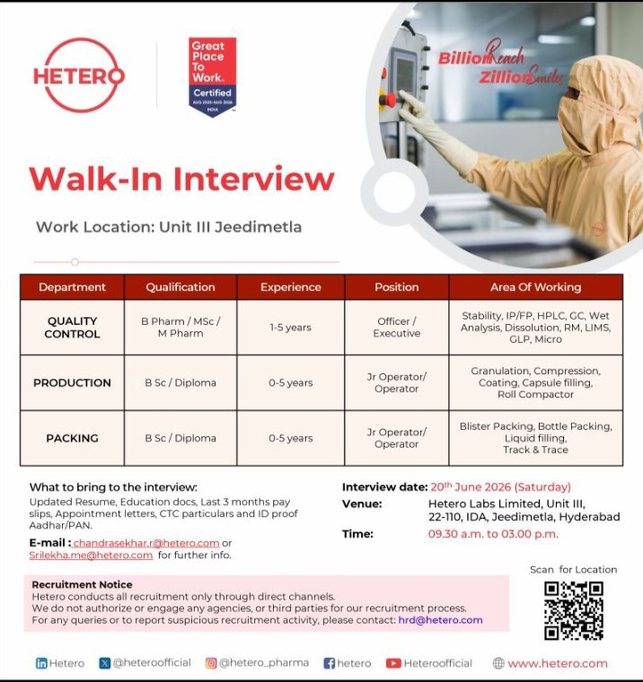 Job Opening Hetero Pharma Jobs QC Production Packing