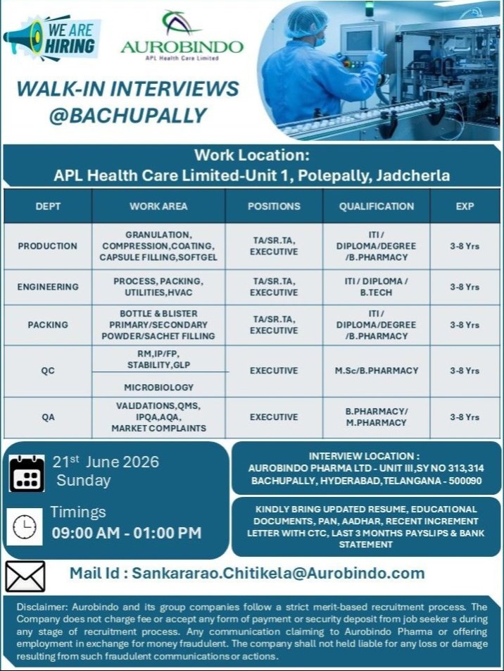 Job Opening Aurobindo Pharma Production QC QA Jobs