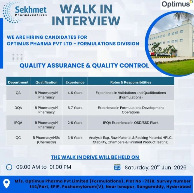 Job Opening Optimus Pharma Jobs QA QC