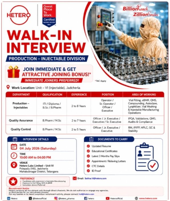Job Opening Hetero Pharma Injectable Jobs