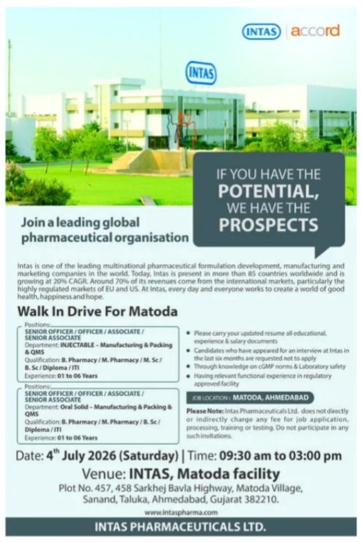 Job Opening Intas Pharma Injectable Packing Jobs