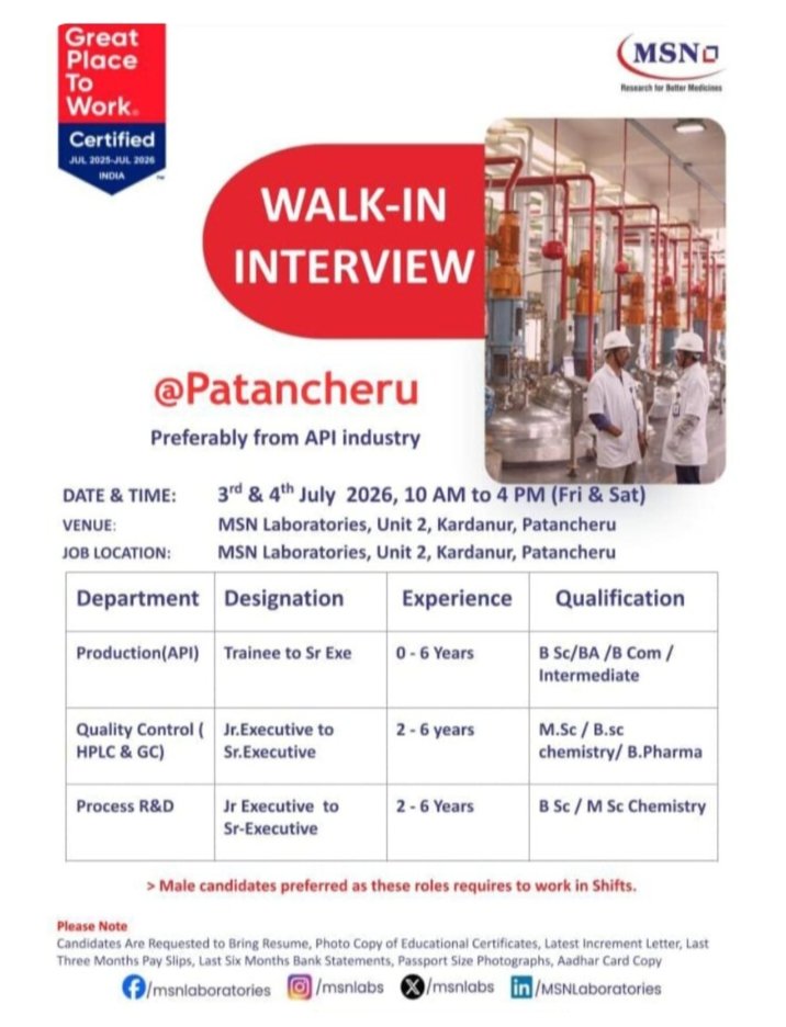 Job Openings MSN Pharma Jobs Production API QC RnD