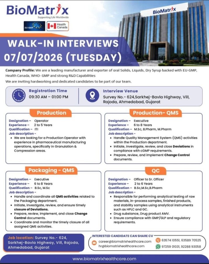 Job Opening BioMatrix Pharma Production QC Jobs