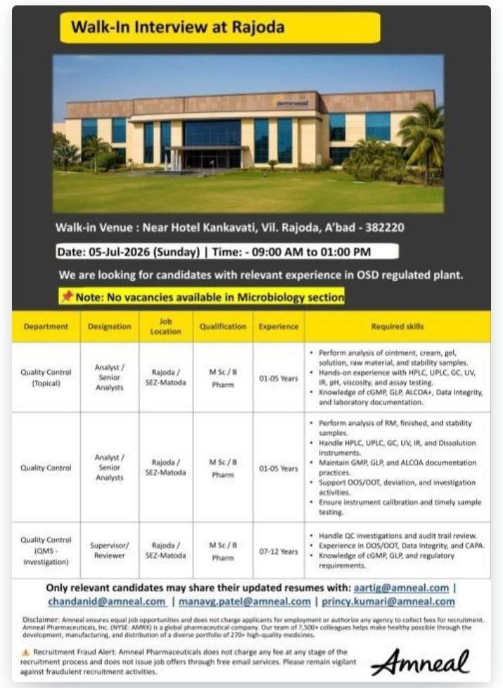 Job Opening Amneal Pharma Quality Control Jobs