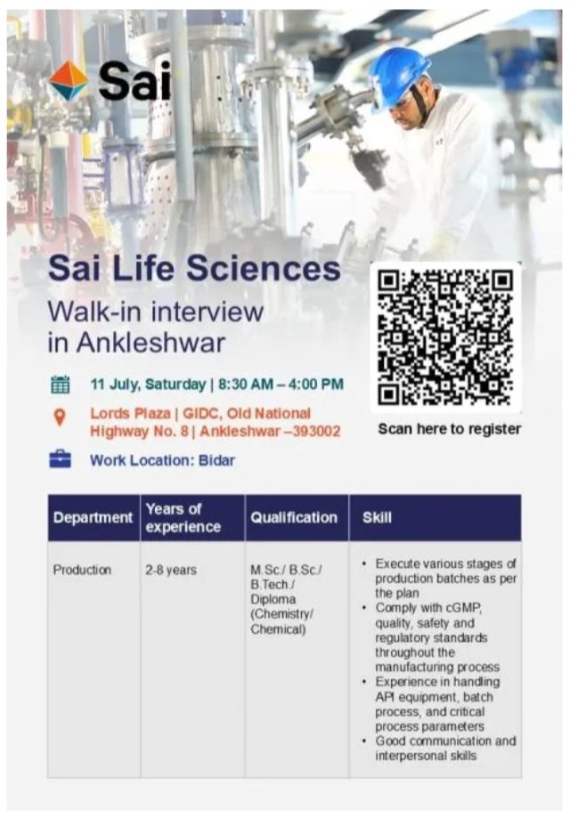 Sai Life Sciences Production Pharma Jobs