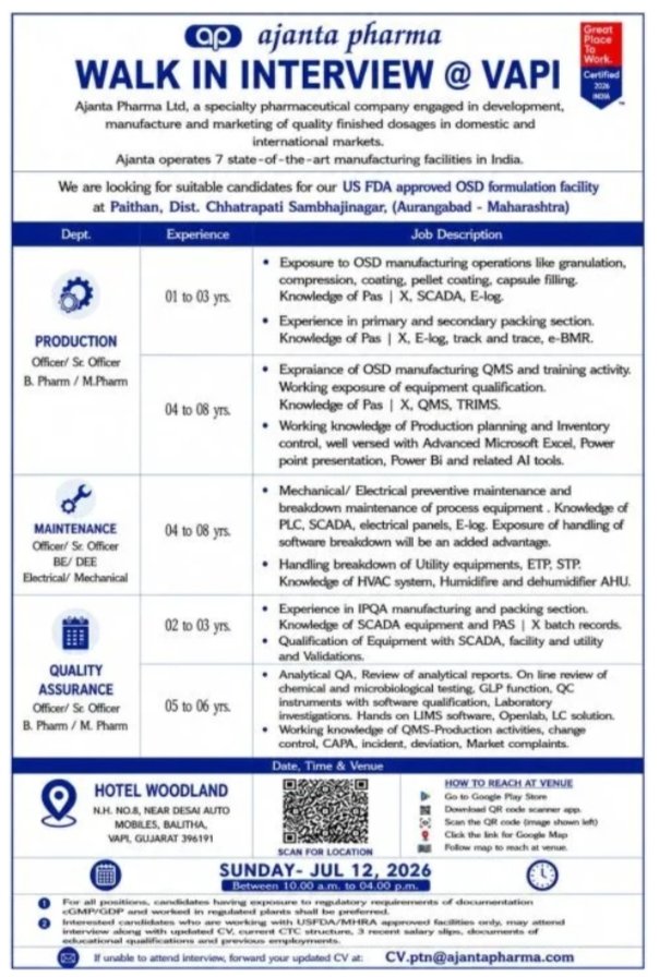 Ajanta Pharma Production Pharma Jobs