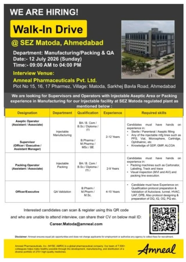 Job Opening Amneal Pharma Manufacturing QA Jobs