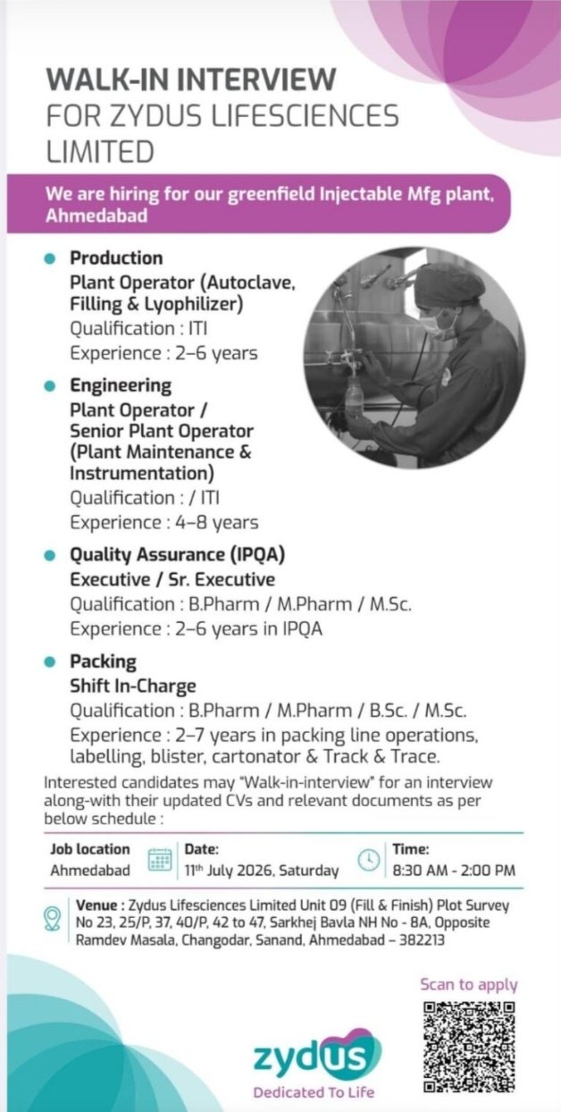 Job Opening Zydus Life Sciences Pharma Jobs Production QA