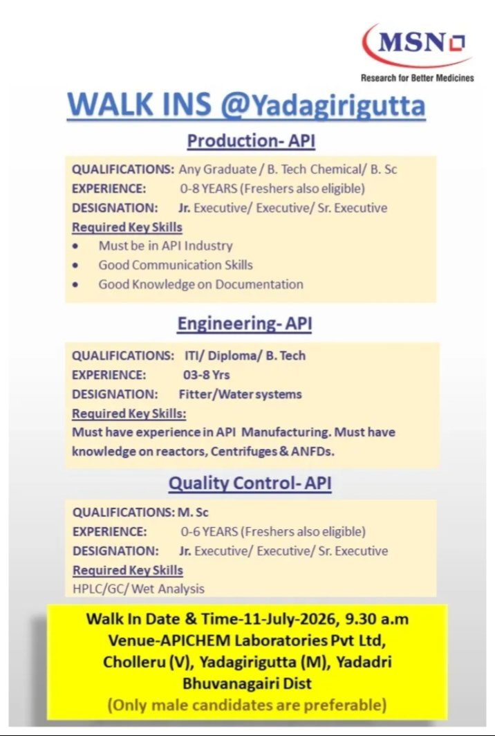 Job Opening MSN Pharma Jobs Production