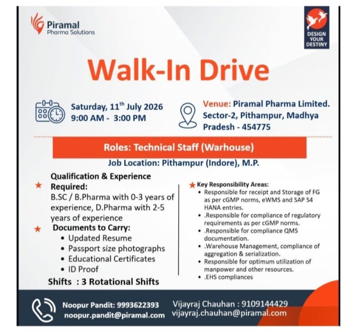 Job Opening Piramal Pharma Jobs Warehouse