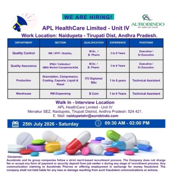 Job Opening Aurobindo Pharma Jobs QA QC Production