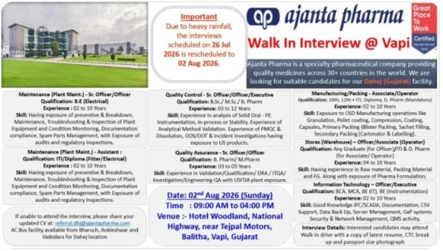 Ajanta Pharma Jobs for QA QC Production