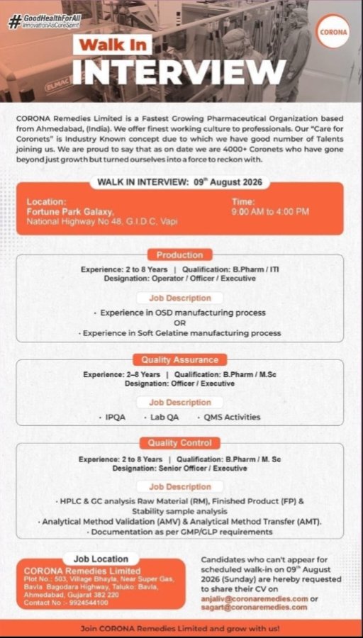 Corona Remedies Production QA QC Pharma Jobs