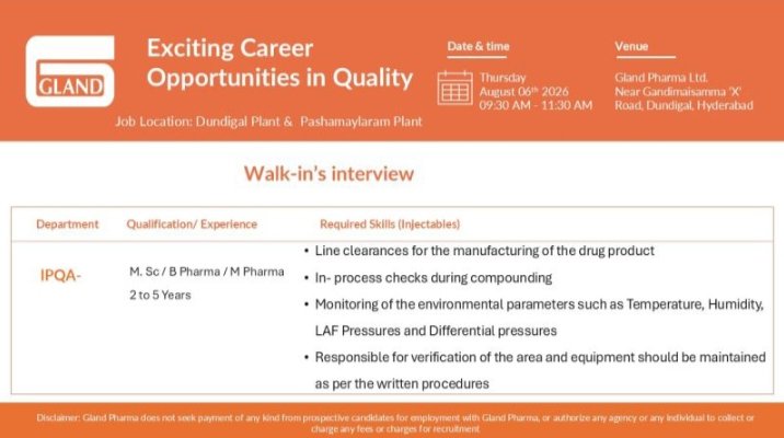 Gland Pharma IPQA Pharma Jobs